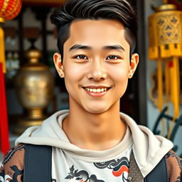 A handsome young man of mixed Indonesian and Korean descent, featuring a baby face with a charming and youthful appearance, displaying his full body from head to toe