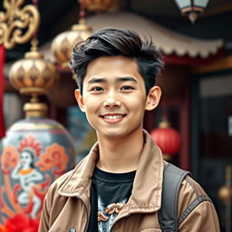A handsome young man of mixed Indonesian and Korean descent, featuring a baby face with a charming and youthful appearance, displaying his full body from head to toe