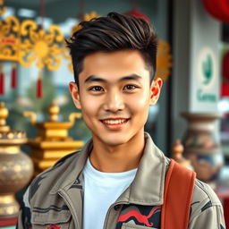 A handsome young man of mixed Indonesian and Korean descent, featuring a baby face with a charming and youthful appearance, displaying his full body from head to toe