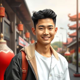 A handsome 27-year-old man of mixed Indonesian and Korean descent, showcasing a baby face with a youthful and charming appearance, displaying his full body from head to toe