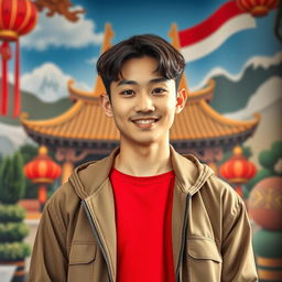 A handsome 27-year-old man of mixed Indonesian and Korean descent, showcasing a baby face with a youthful and charming appearance, displaying his full body from head to toe