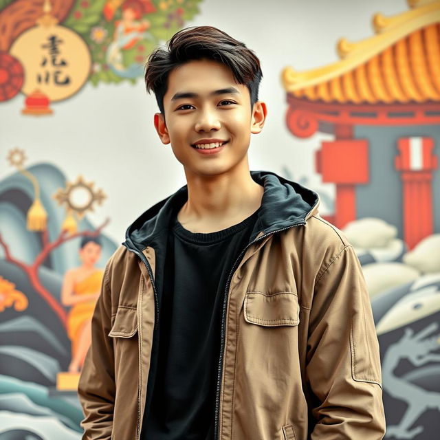 A handsome 27-year-old man of mixed Indonesian and Korean descent, showcasing a baby face with a youthful and charming appearance, displaying his full body from head to toe