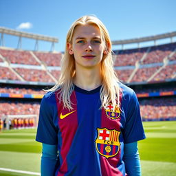 A 22-year-old pale football player with long pale hair, pale skin, and striking blue eyes