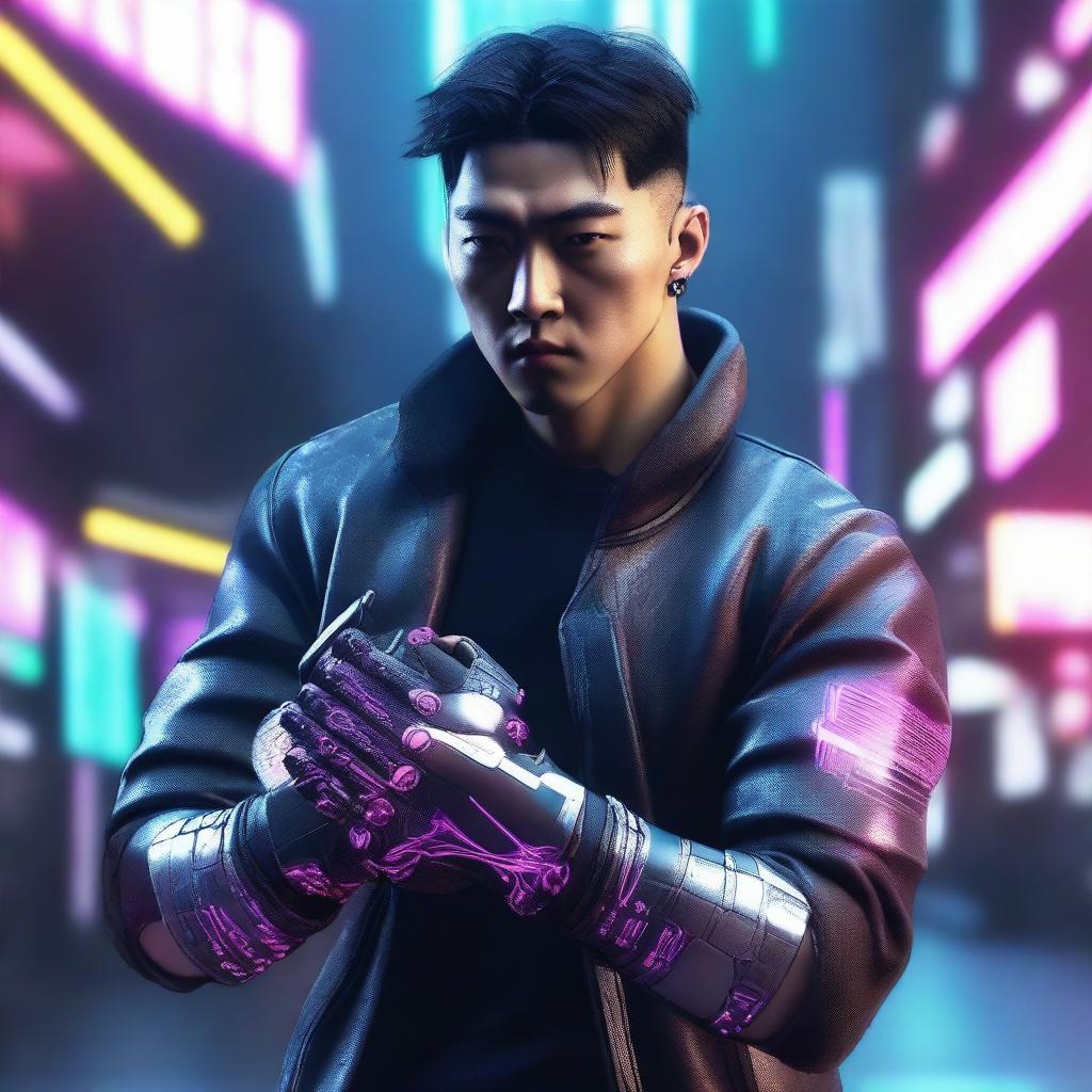 Create a hyper-realistic, 4K image of a cool and handsome Korean man in cyberpunk attire