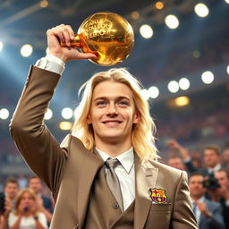 A 22-year-old pale football player with long pale hair, pale skin, and striking blue eyes