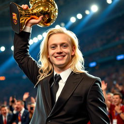 A 22-year-old pale football player with long pale hair, pale skin, and striking blue eyes