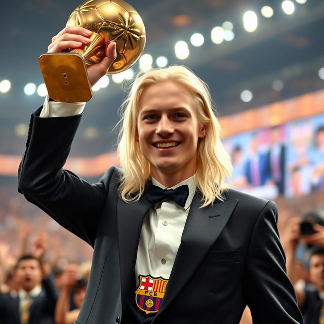 A 22-year-old pale football player with long pale hair, pale skin, and striking blue eyes