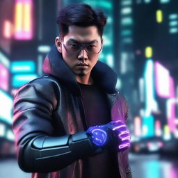 Create a hyper-realistic, 4K image of a cool and handsome Korean man in cyberpunk attire