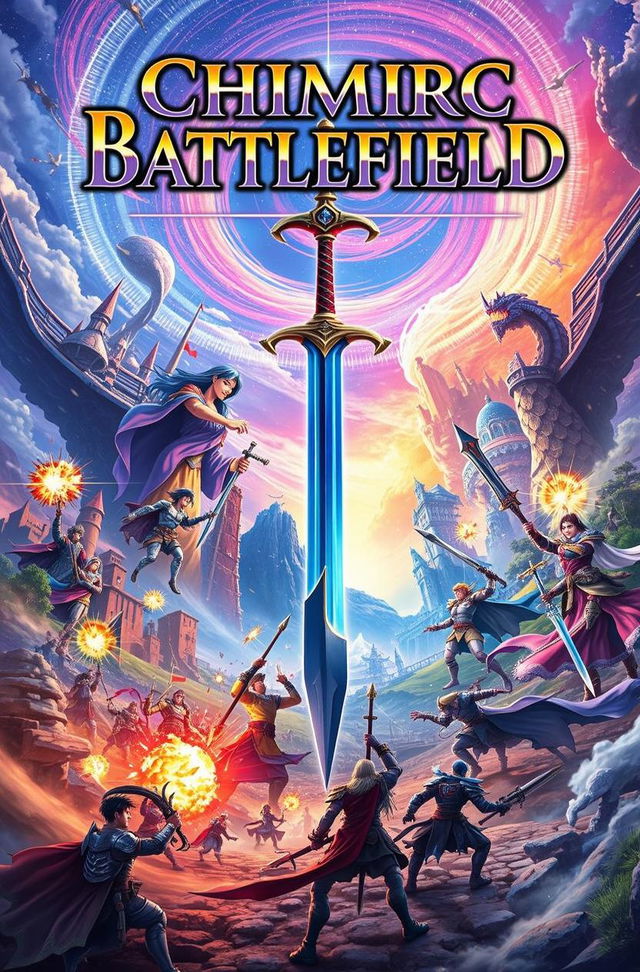 A vibrant fantasy scene set in a medieval battlefield, featuring a large, glowing sword at the center