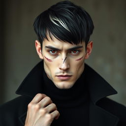 A slim, handsome man with middle-length wolf cut hairstyle, featuring black hair and a striking white fringe