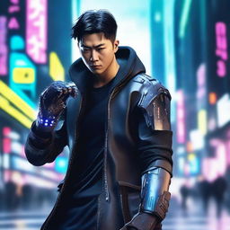 Create a hyper-realistic, 4K image of a cool and handsome Korean man in cyberpunk attire