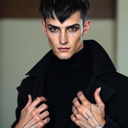 A slim, handsome man with middle-length wolf cut hairstyle, featuring black hair and a striking white fringe
