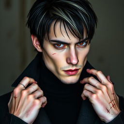 A slim, handsome man with middle-length wolf cut hairstyle, featuring black hair and a striking white fringe