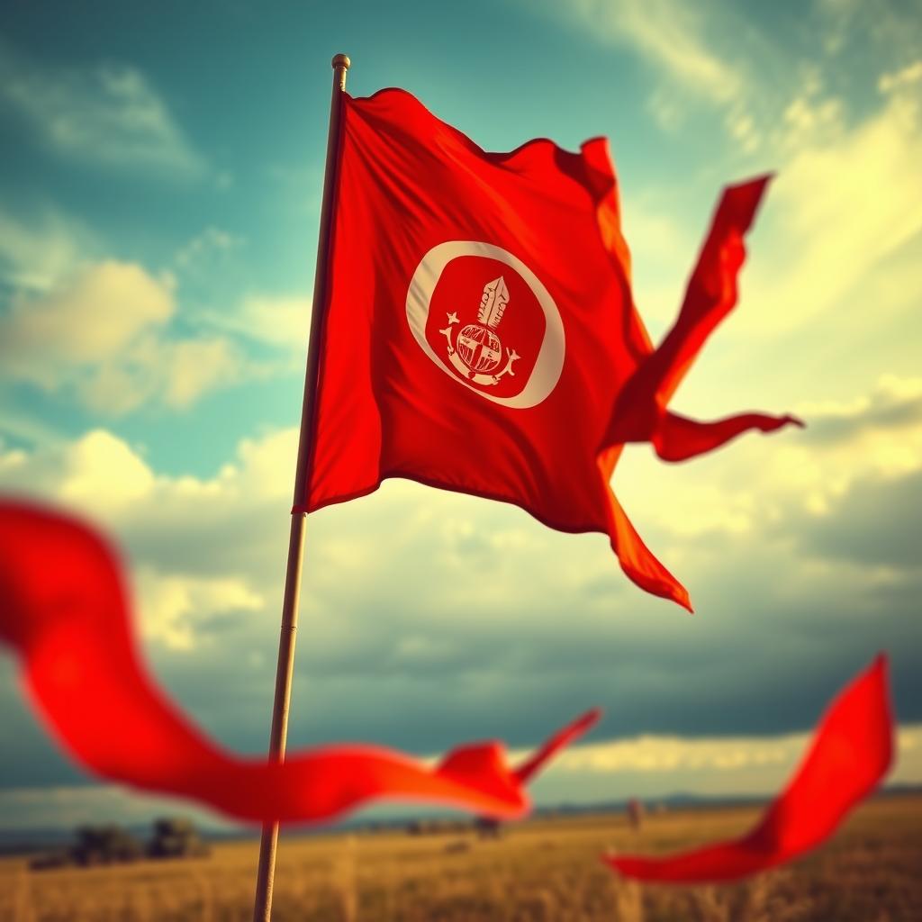 A vivid representation of a military red flag, billowing in the wind