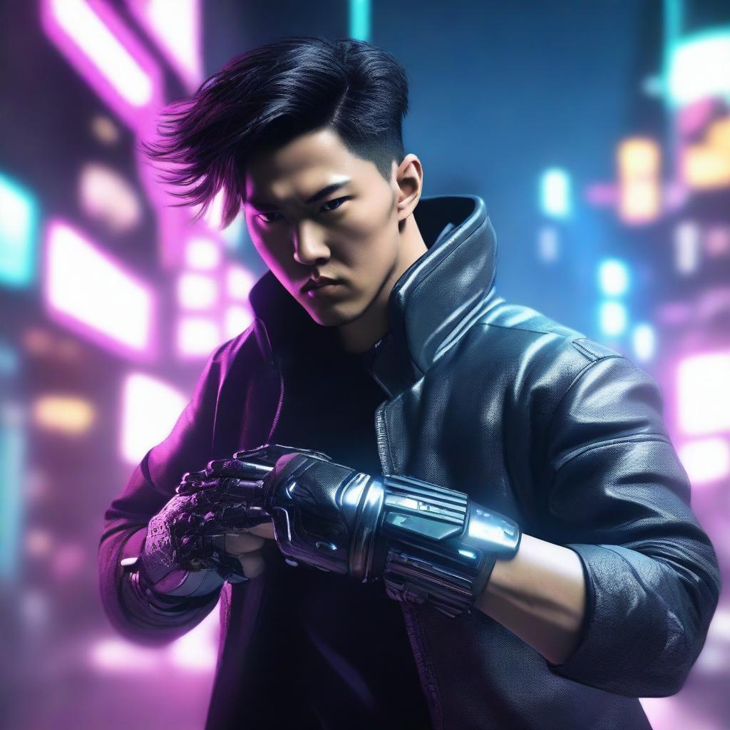 Create a hyper-realistic, 4K image of a cool and handsome Korean man in cyberpunk attire