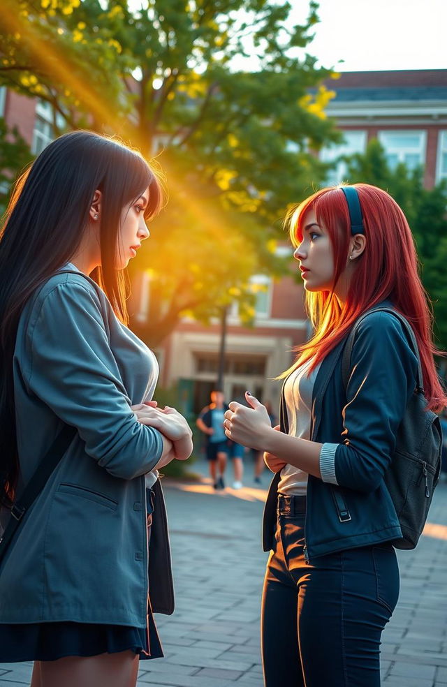 A captivating scene depicting a rivalry between two high school girls, one with long dark hair and the other with vibrant red hair, both dressed in modern, stylish high school attire