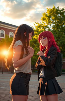 A captivating scene depicting a rivalry between two high school girls, one with long dark hair and the other with vibrant red hair, both dressed in modern, stylish high school attire