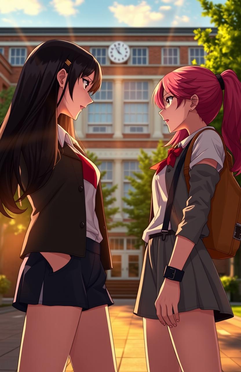 A captivating scene depicting a rivalry between two high school girls, one with long dark hair and the other with vibrant red hair, both dressed in modern, stylish high school attire