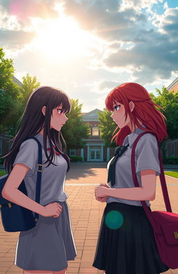 A captivating scene depicting a rivalry between two high school girls, one with long dark hair and the other with vibrant red hair, both dressed in modern, stylish high school attire