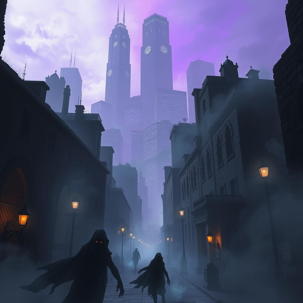 A mysterious and atmospheric city inhabited by wraiths, set in a dark, powerful urban landscape