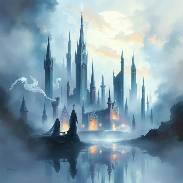 A mystical city of wraiths depicted in a captivating watercolor painting style