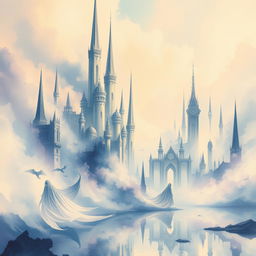 A mystical city of wraiths depicted in a captivating watercolor painting style