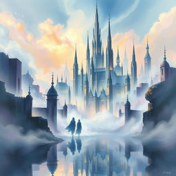 A mystical city of wraiths depicted in a captivating watercolor painting style