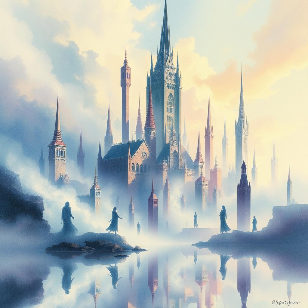 A mystical city of wraiths depicted in a captivating watercolor painting style