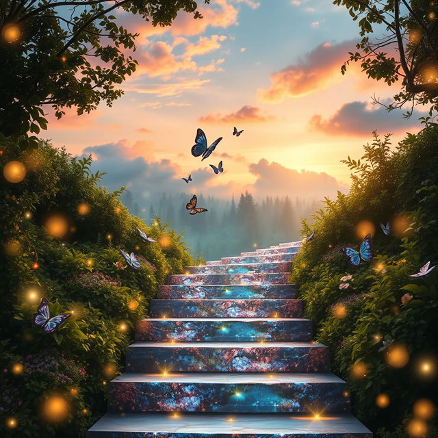 A beautiful, enchanting magical stairway surrounded by lush greenery and sparkling fairy lights