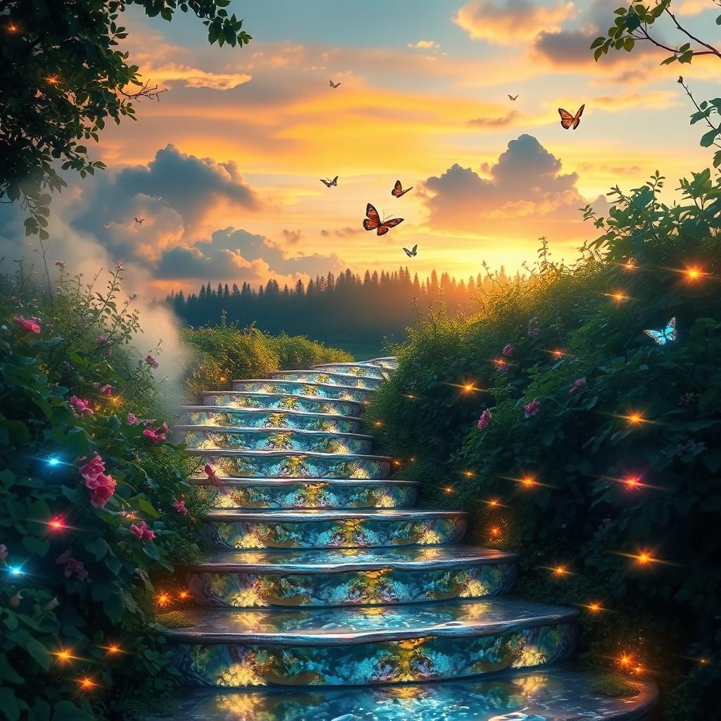 A beautiful, enchanting magical stairway surrounded by lush greenery and sparkling fairy lights