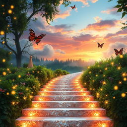 A beautiful, enchanting magical stairway surrounded by lush greenery and sparkling fairy lights