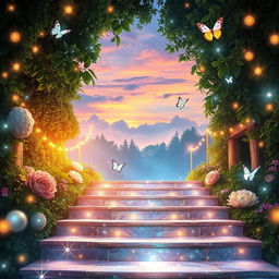 A beautiful, enchanting magical stairway surrounded by lush greenery and sparkling fairy lights