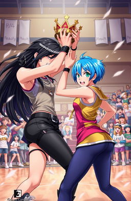 A dynamic scene depicting two high school girls fiercely battling for a crown