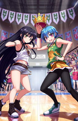 A dynamic scene depicting two high school girls fiercely battling for a crown