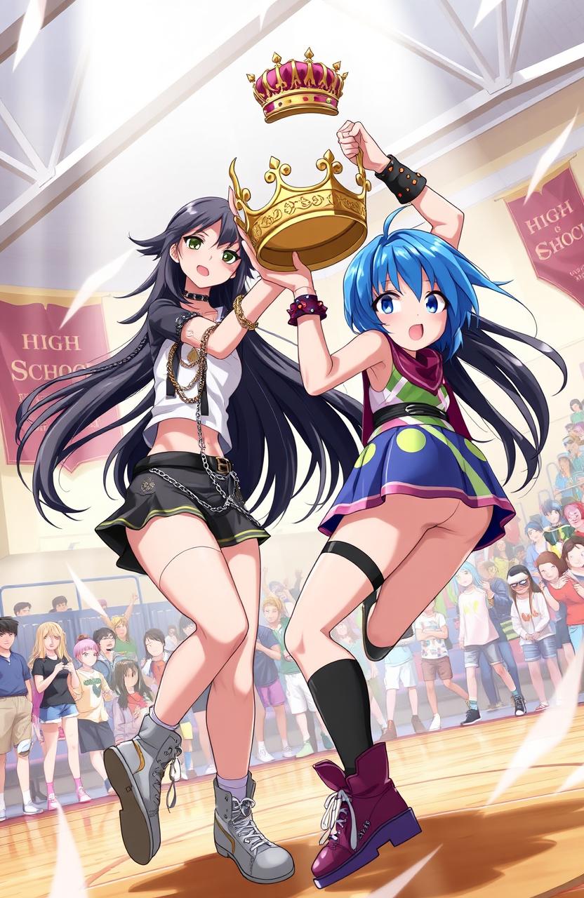 A dynamic scene depicting two high school girls fiercely battling for a crown