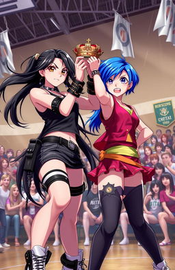 A dynamic scene depicting two high school girls fiercely battling for a crown