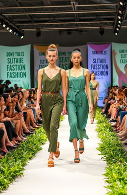 A vibrant fashion show highlighting sustainable practices in the industry, featuring models wearing eco-friendly garments made from organic materials
