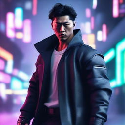 Generate a hyper-realistic, 4K image of a cool and handsome Korean man in cyberpunk attire