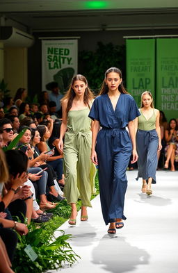 A vibrant fashion show highlighting sustainable practices in the industry, featuring models wearing eco-friendly garments made from organic materials