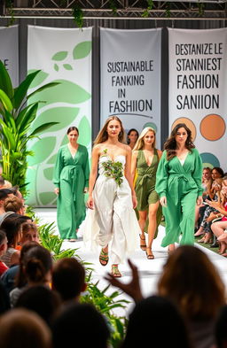 A vibrant fashion show highlighting sustainable practices in the industry, featuring models wearing eco-friendly garments made from organic materials