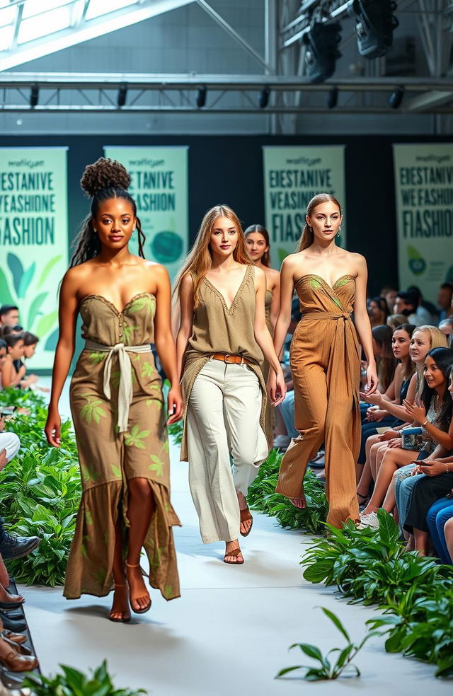 A vibrant fashion show highlighting sustainable practices in the industry, featuring models wearing eco-friendly garments made from organic materials