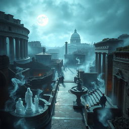 A breathtaking view of the city of wraiths within ancient Rome, featuring ghostly figures floating through the ruins of iconic landmarks like the Colosseum and the Roman Forum