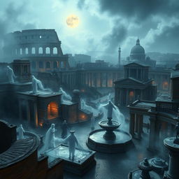A breathtaking view of the city of wraiths within ancient Rome, featuring ghostly figures floating through the ruins of iconic landmarks like the Colosseum and the Roman Forum