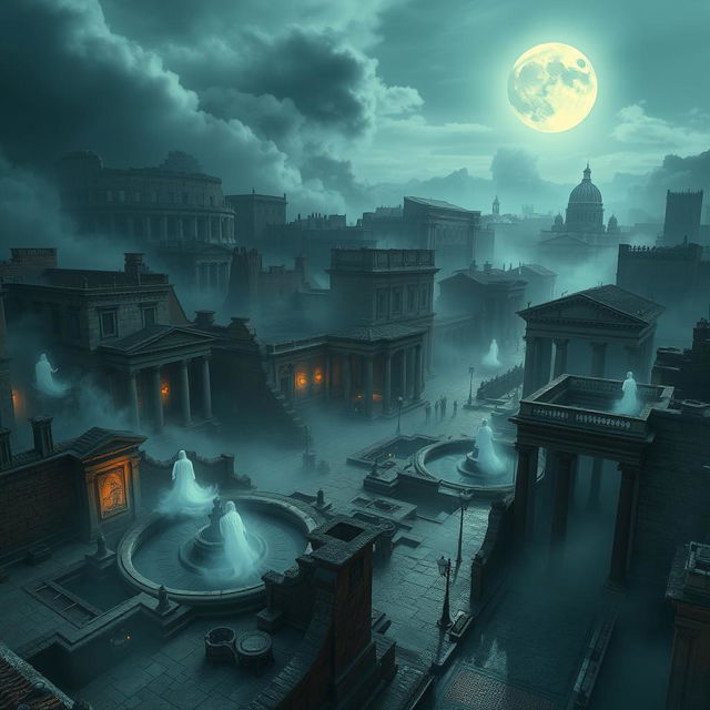 A breathtaking view of the city of wraiths within ancient Rome, featuring ghostly figures floating through the ruins of iconic landmarks like the Colosseum and the Roman Forum