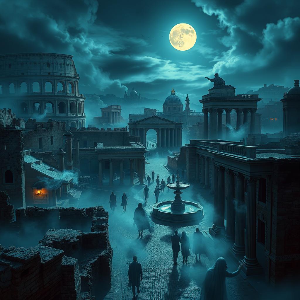 A breathtaking view of the city of wraiths within ancient Rome, featuring ghostly figures floating through the ruins of iconic landmarks like the Colosseum and the Roman Forum