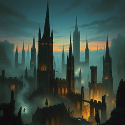 A hauntingly beautiful city of wraiths, depicted with ethereal spirits floating amidst a landscape of decaying architecture