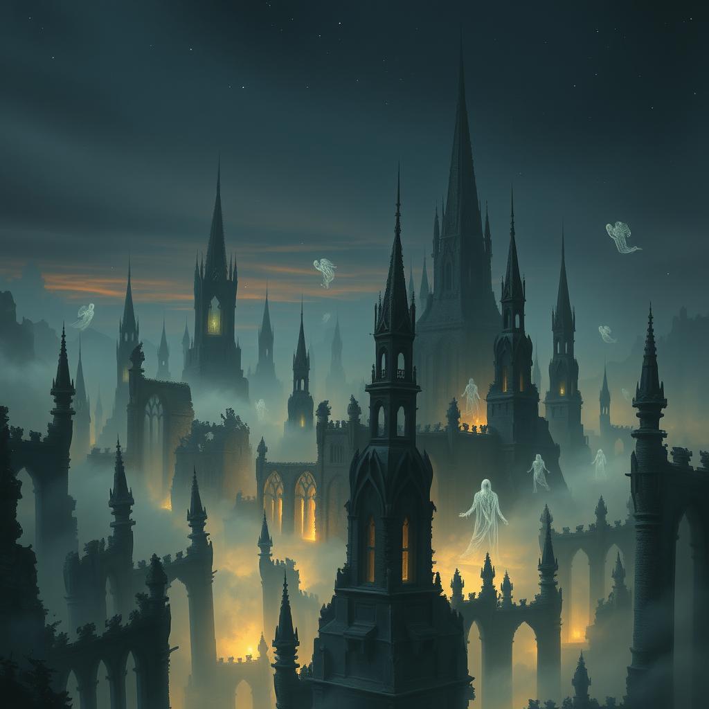 A hauntingly beautiful city of wraiths, depicted with ethereal spirits floating amidst a landscape of decaying architecture