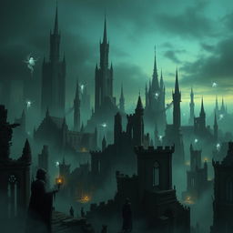 A hauntingly beautiful city of wraiths, depicted with ethereal spirits floating amidst a landscape of decaying architecture