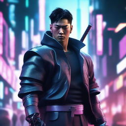 Generate a hyper-realistic, 4K image of a cool and handsome Korean man in cyberpunk attire