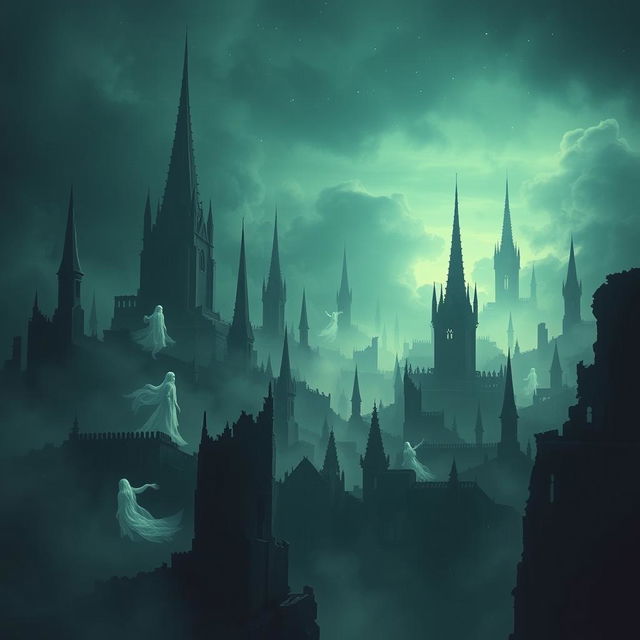 A hauntingly beautiful city of wraiths, depicted with ethereal spirits floating amidst a landscape of decaying architecture